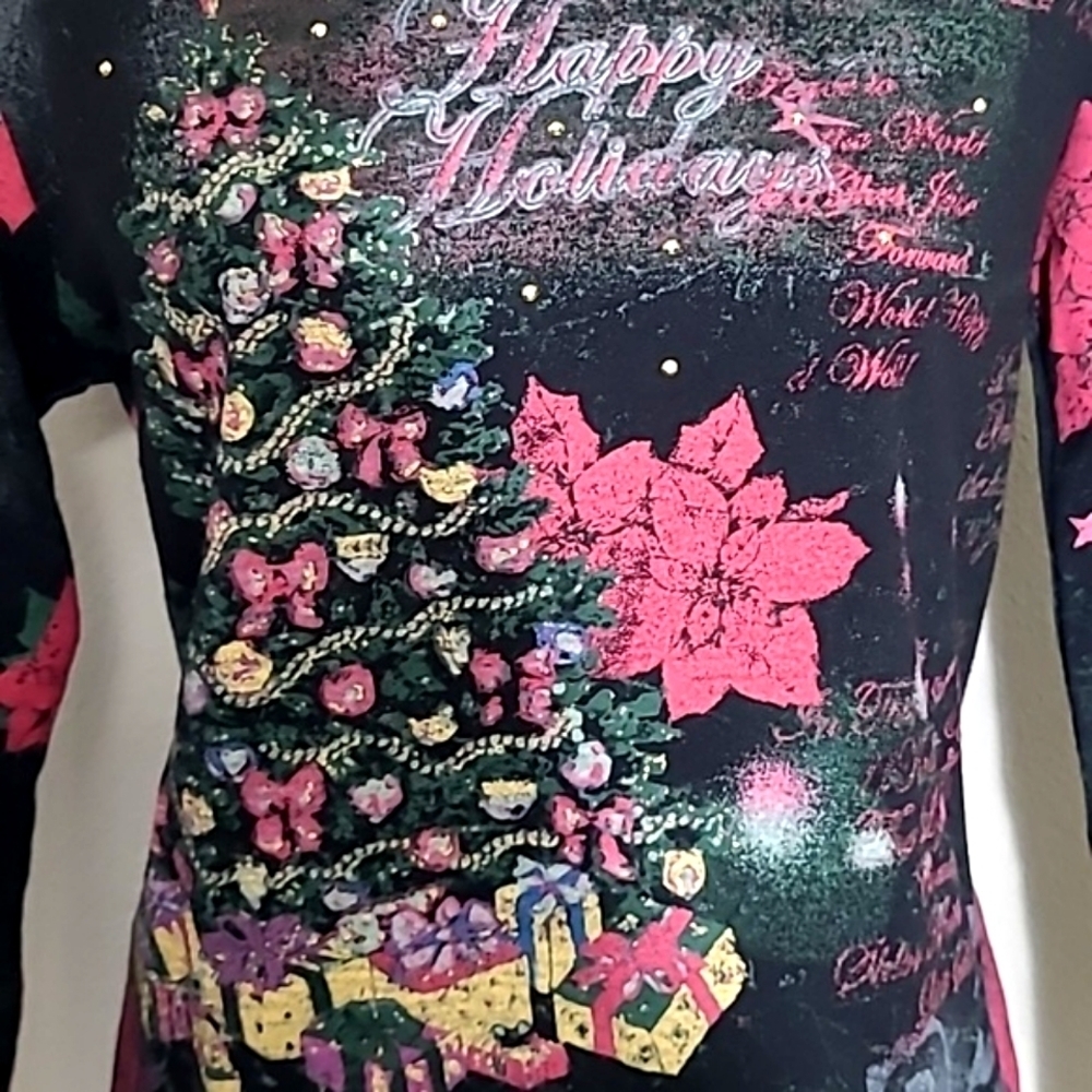 Rebecca Malone Holiday Long Sleeve Tee Black Poinsettia Christmas Tree Jewel Nck